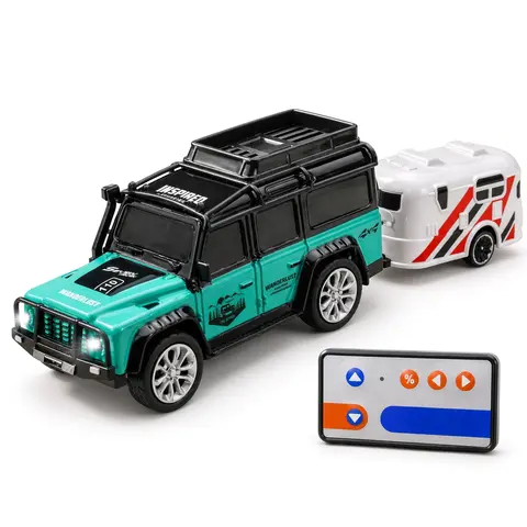 Mini RC Truck with Detachable Camper Trailer, Pocket Size 3-Speed Micro Remote Control Car with LED Lights, Portable Indoor Desktop Off-Road Toy Vehicle Gift for Boys Kids