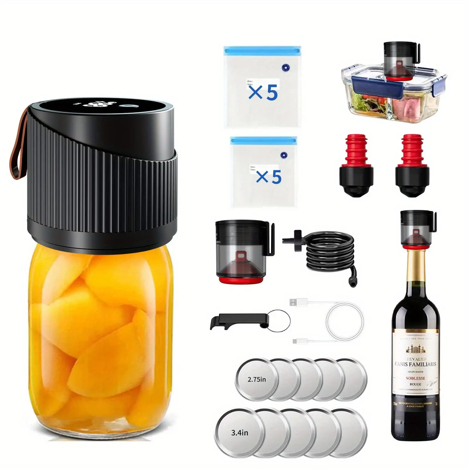 Electric Mason Jar Vacuum Sealer Machine, 1 Set Including 1 Count USB Rechargeable Integrated Machine & Accessories, Cap Sealer, Food Canister Sealing