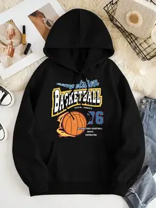 Women's Basketball Print Drop Shoulder Hoodie, Fashion Casual Letter Print Drawstring Pocket Hooded Sweatshirt for Daily Holiday Outdoor Wear, Women Clothing for Fall & Winter