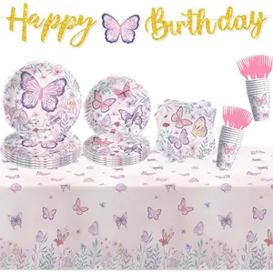 Butterfly Birthday Decorations,   Butterfly Party Supplies for Birthday  Shower, Paper Dinner Plates, Dessert Plate, Cups, Napkins, Tablecloth, Banner, Disposable Cutlery, Serve 24