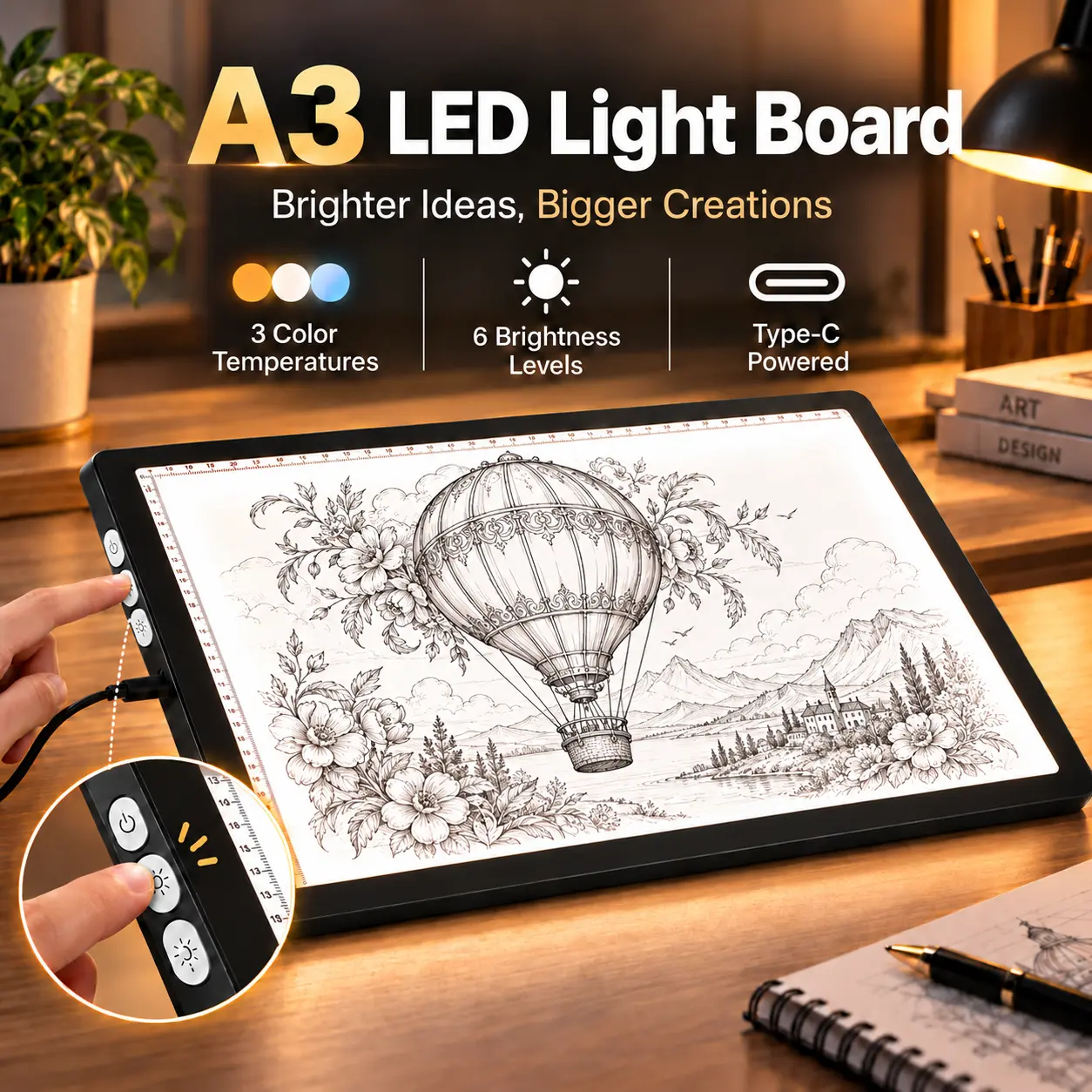 A3(18.19inch 13.39inch)  LED Light Board for Diamond Painting & Tracing, 3 Color Temperatures 6 Brightness Levels Type-C Powered Ultra-Slim 0.7cm No Battery，light pad