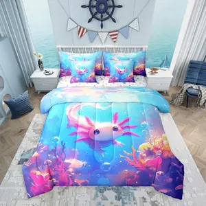 Axolotl Coral 7 Pieces Bedding Set,Cute Salamander Bed Bag,Underwater World Bed Set,Includes Comfortersheet Set,Pillowcases  Bed Set
