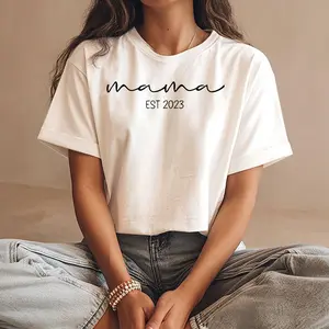 Women Graphic T-Shirt, Mama Est 2023 Minimalist Letter Print Soft Casual Tee, Gift for New Mom Mothers Day Baby Shower, For Moms Women, DL779