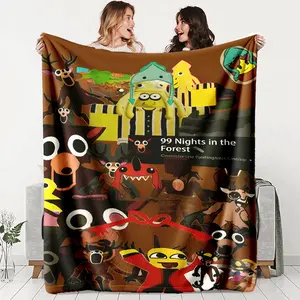 Forest 99 Night Game Character Patchwork Blanket, Multi-Color Polyester Fabric, Perfect for Sofa Naps and Horror Game Fans Gift