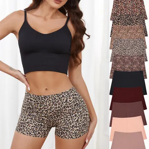 Women's Leopard Print Seamless Design Boyshorts, Casual Solid Color Natural Waist Panties Set, Comfy Breathable Underwear for Women Seamless Undergarment