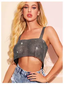Jemiwa Sparkly Sequins Crop Tops Bikini Silver Halter Metal Bra Body Chain Blackless Beach Rave Clubwear Chest Chains Accessories Jewelry for Women