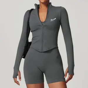 KiYah Women's Premium Jacket Set with High-Waisted Biker Shorts, Fitted Silhouette, Full-Zip Closure, Breathable Fabric, Available in Various Colors