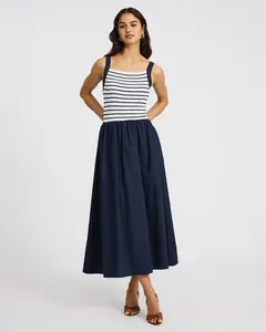 Express Mixed Media Striped Sleeveless Maxi Fit and Flare Dress, Polyester, Women