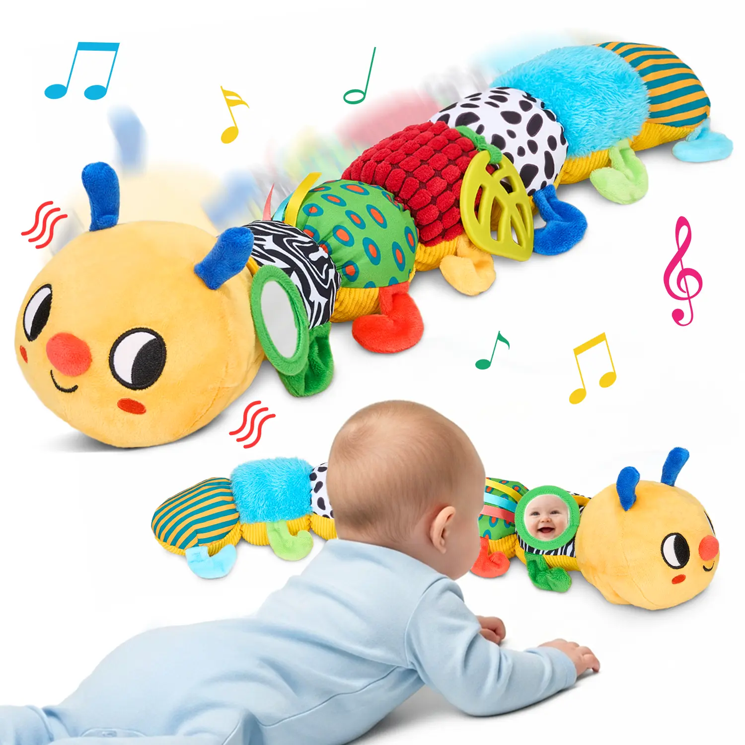 JoyCat Musical Caterpillar Baby Toy, Cuddly Polyester & Plastic Developmental Toy for Infant Interaction and Tummy Time, Bounces with 38 Songs, Unisex Names, Plush Toy