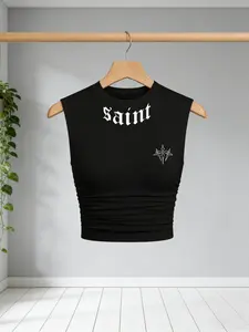 Summer Sexy Gogo Girl Ruched Sleeveless Vest, High Waist Short Crop Top, Saint Gothic Print, Slim Fit, Casual Vintage Style