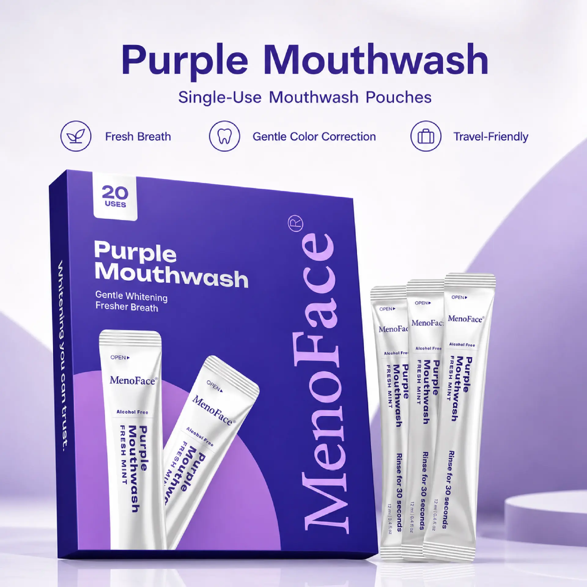 Purple Whitening Mouthwash Sachets with Fresh Mint Flavor, Alcohol Free Oral Rinse for Bad Breath Removal, Teeth Cleaning and Fresh Breath Care, Portable Single Use Mouthwash for Home Travel Office