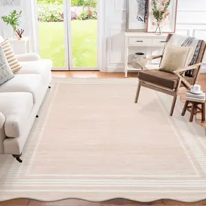 Modern Bordered Rug Scalloped Solid Color Carpet Washable Area Rug Stain Resistant Non-Slip Soft Foldable Rug for Bedroom Hallway Office Laundry Room