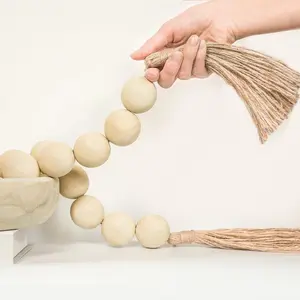 Extra Large Wood Bead Garland with 1.6'' Diameter Beads Tassels, Decorative Farmhouse Beads Home Decor, Nature Beige, 41 Inches