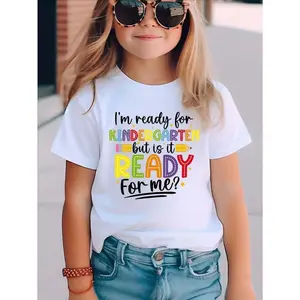 Kindergarten Ready" Colorful Letter Print Girls' T-Shirt- 100% Cotton, Round Neck, Short Sleeve, Comfortable Versatile Summer Top, Machine Washable Kids