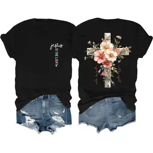 Faith Cross Christian T-Shirt With Boho Floral Cross Print Short Sleeve Casual Graphic Tee For Women Black : Clothing, Shoes & Jewelry