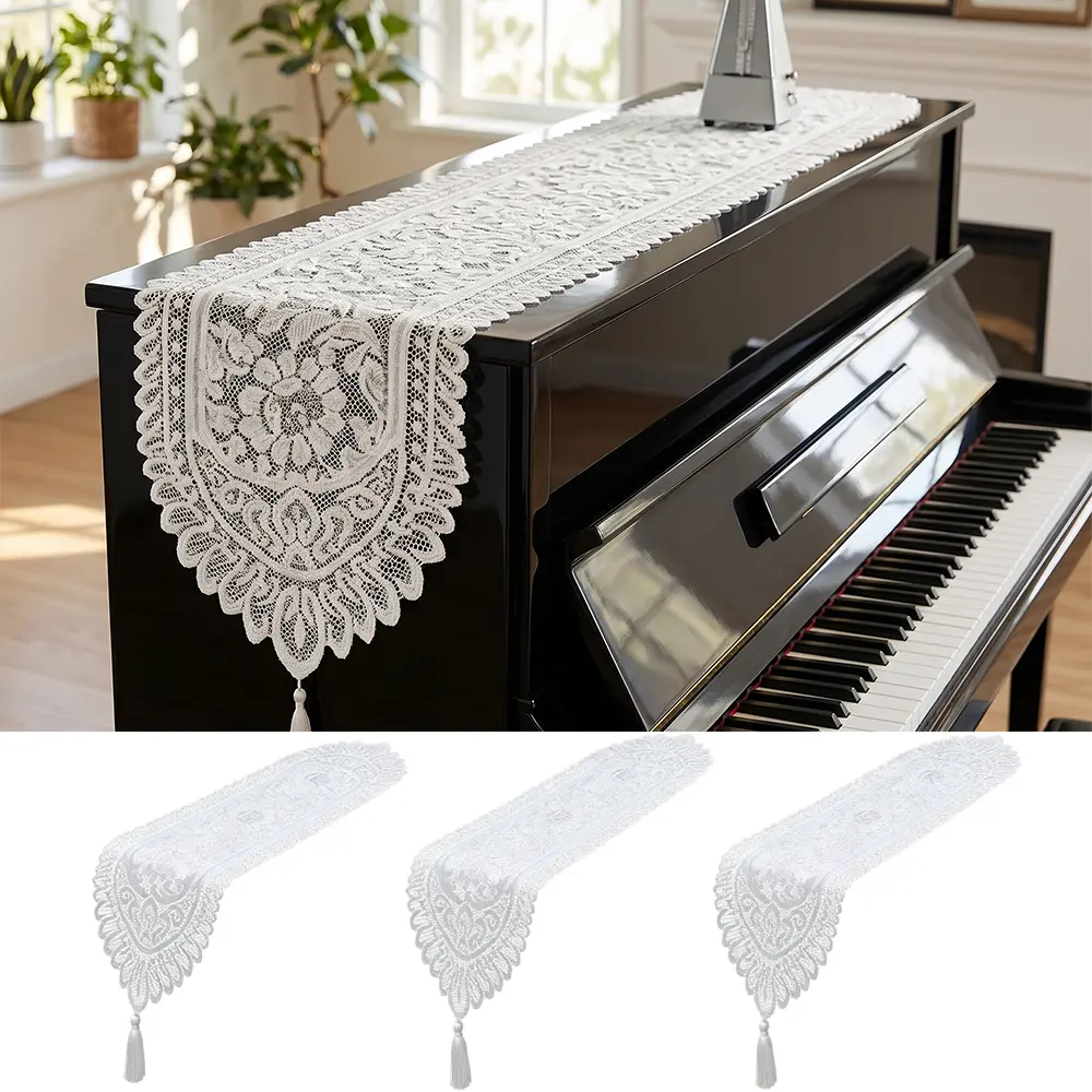 3pcs 13" X 44" White Vintage Lace Table Runner with Tassels, Elegant Hollow Floral Crochet Table Dresser Scarf, Boho Embroidered Table Runner for Wedding Party Holiday Dining Kitchen Piano Home Decor