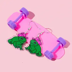 Frog in pink cowboy hat acrylic earrings. Acrylic jewelry fishhook earring