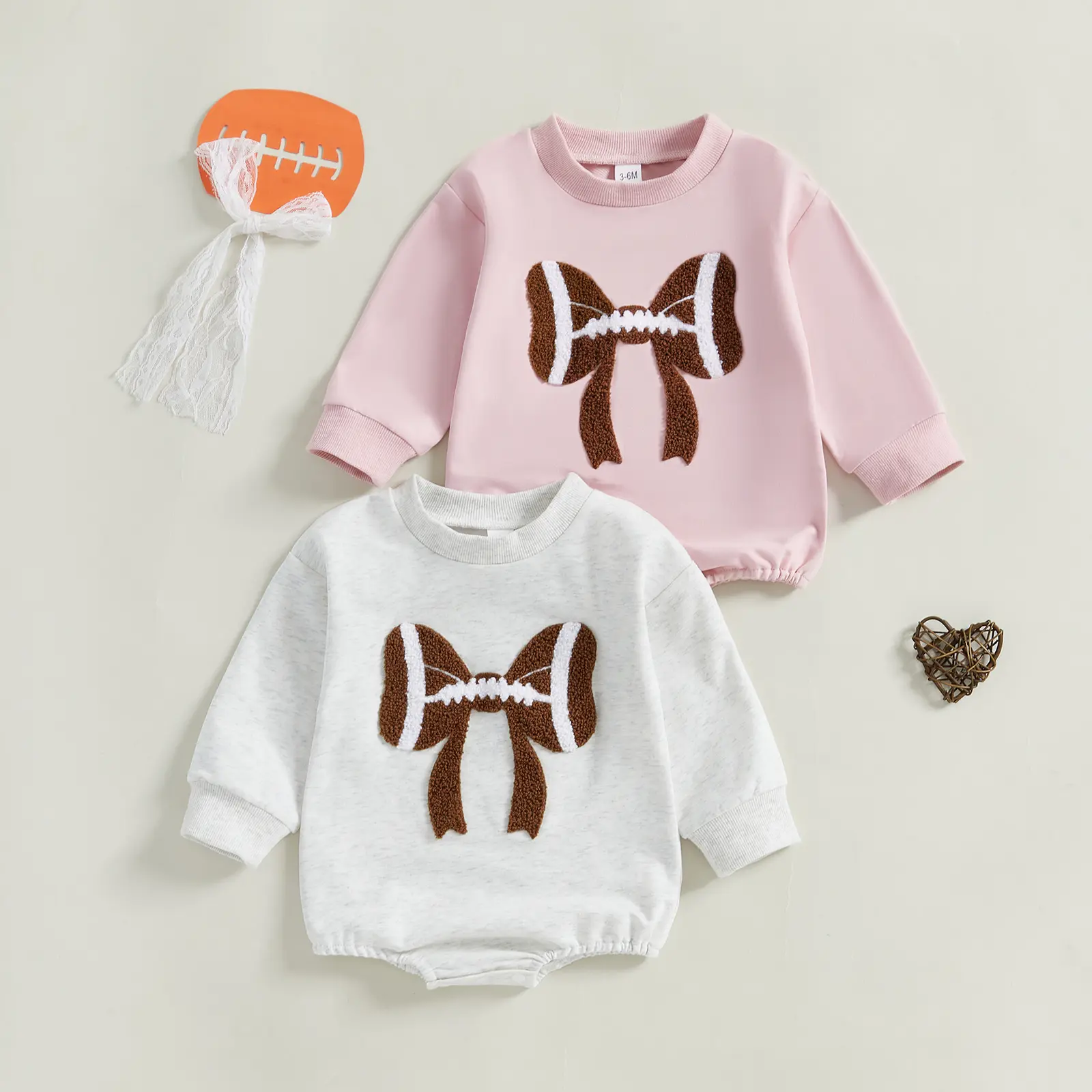 Newborn Baby Girl Football-Themed Bubble Romper, Bow-Embroidered Bodysuit, Fall Cute Baby Clothing Outfit