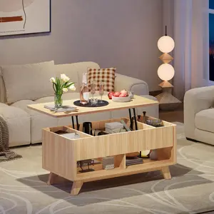 ONBRILL Farmhouse Lift Top Coffee Table, Mid Century Modern Coffee Table with Hidden Storage Compartment, Fluted Rising Pull up Wood Modern Center for Living Room, Office