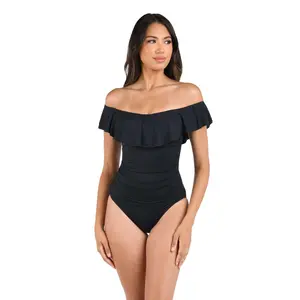 Island Goddess Off Shoulder Ruffle One Piece - Black