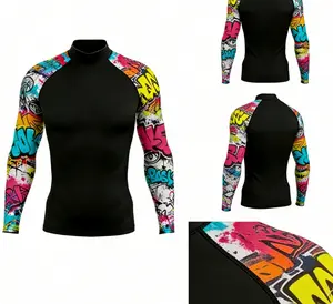 Summer Men's Long Sleeve Swimwear, Vibrant Tiger Camo Print, UPF 50+ Sun Protection Compression Shirt for Surfing & Hiking