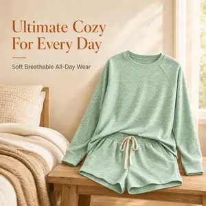 Women's 2 Piece Loungewear Pajama Set, Soft Raglan Long Sleeve Crewneck Top and Drawstring Waist Pocket Shorts, Casual Comfy Lounge Outfit for Spring Fall
