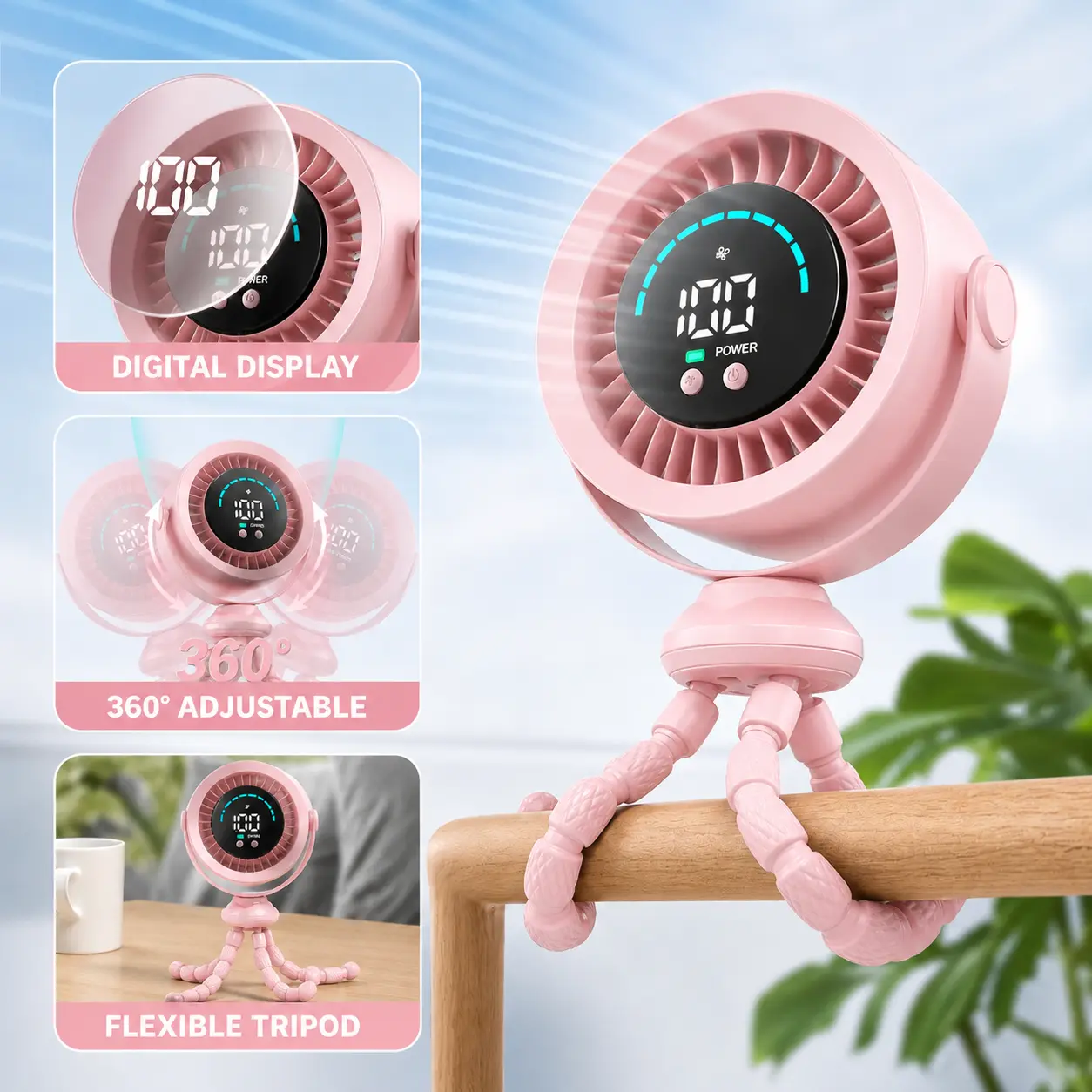Portable Octopus Cooling Fan with Digital Display, 360° Rotating Flexible Tripod, Adjustable Portable Fans for Camping, Travel, Ultra Quiet Personal Pocket Fan for Office, Bedroom, Camping, Travel and Outdoor Use