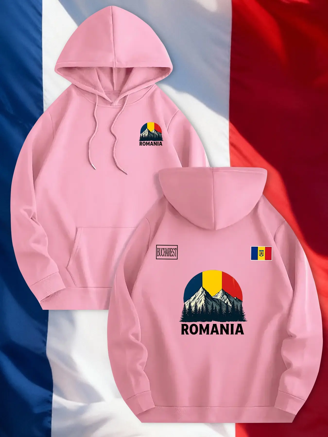 Men's New Fall Winter Trendy Hoodie, Romanian Mountain Flag Print, Kangaroo Pocket, Unisex Top, Casual Fitted Style, Gift Idea