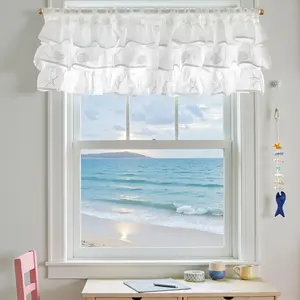 White Ruffled Sheer Valance Curtain Coastal Themed Kitchen Valance for Cabinet Small Window Living Room Light Filtering Seashell Starfish Printed Farmhouse Half Window Curtain 18 Inch 1 Panel