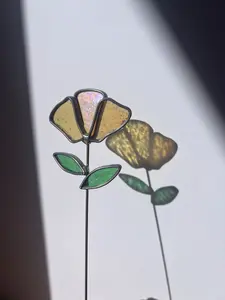 Yellow Rainbow Iridescent Stained Glass Poppy Flower - Handmade!