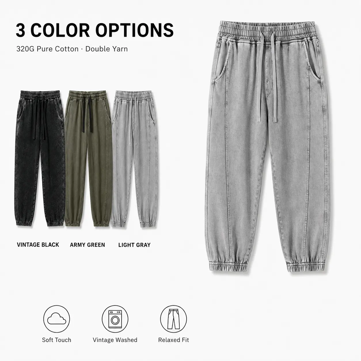 100% Cotton Vintage Washed Jogger Pants for Men Women, Relaxed Fit Baggy Sweatpants with Drawstring Elastic Waist & Side Pockets, Soft Breathable Streetwear Lounge Pants for Gym, Travel, School & Everyday Wear