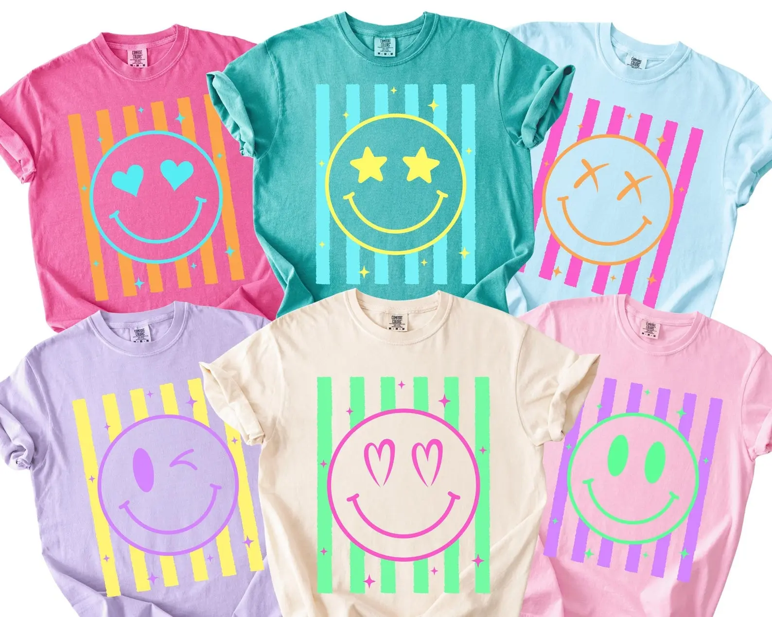 Neon Summer Smiley Face Striped T-Shirt, Sunshine Shirt, Beach Life Shirt, Summer Vibes Tee, Neon Trendy Summer Shirt