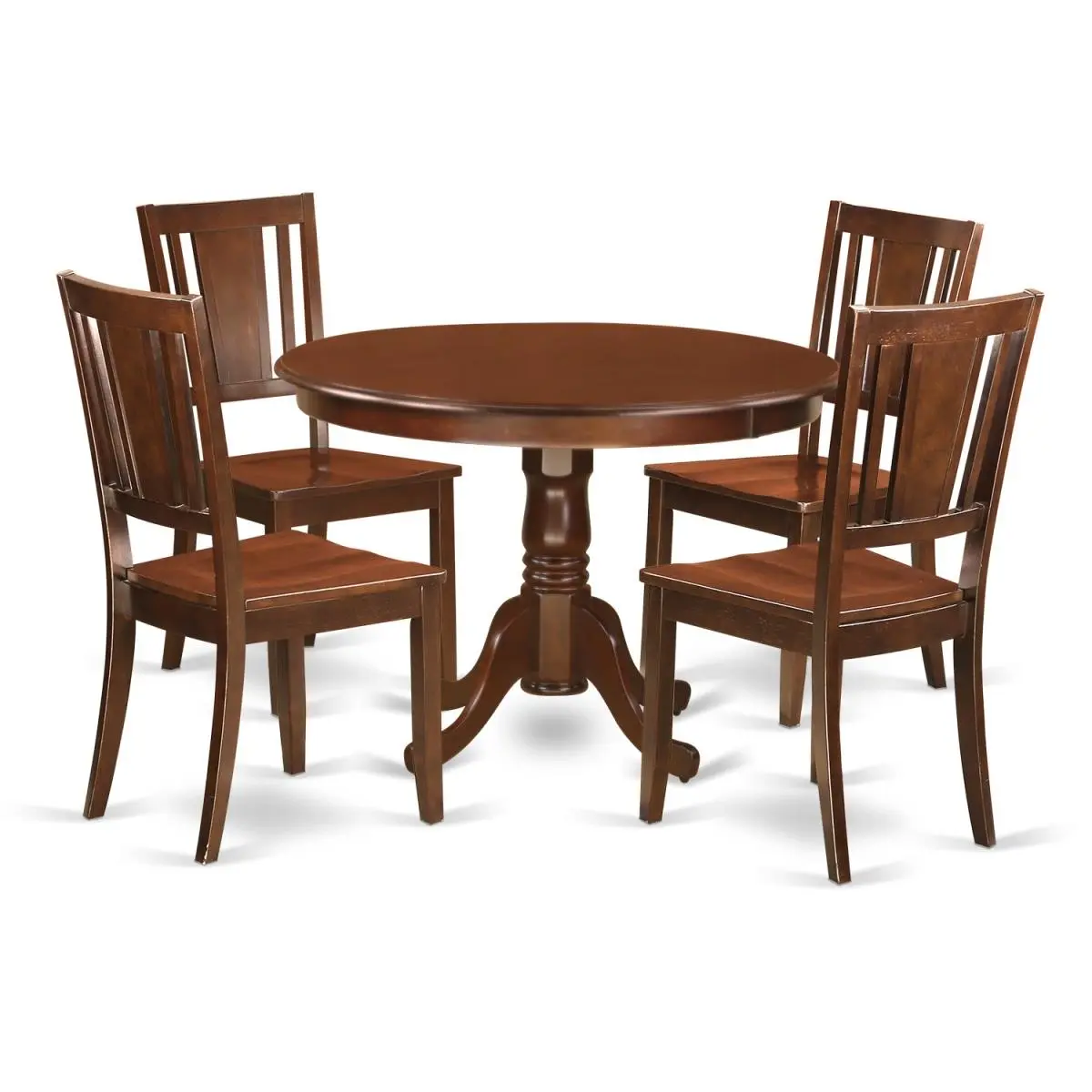 East West Furniture 5-Piece Mahogany Dining Room Set - 42 in. Round Kitchen Table, 4 Wooden-Seated Dining Chairs