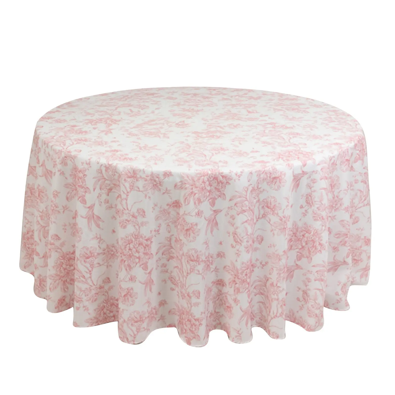 120" Round Polyester Tablecloth - White with Pink French Toile Pattern, Party and Wedding Round Table Tablecloths for Stylish Events