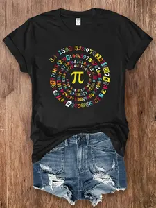 Women'S Black Pi Number Print T-Shirt - Soft Skin-Friendly Short Sleeve Top with Colorful Mathematical Design Perfect for Spring & Summer Casual Wear Gift Idea YS021938 Math T Shir