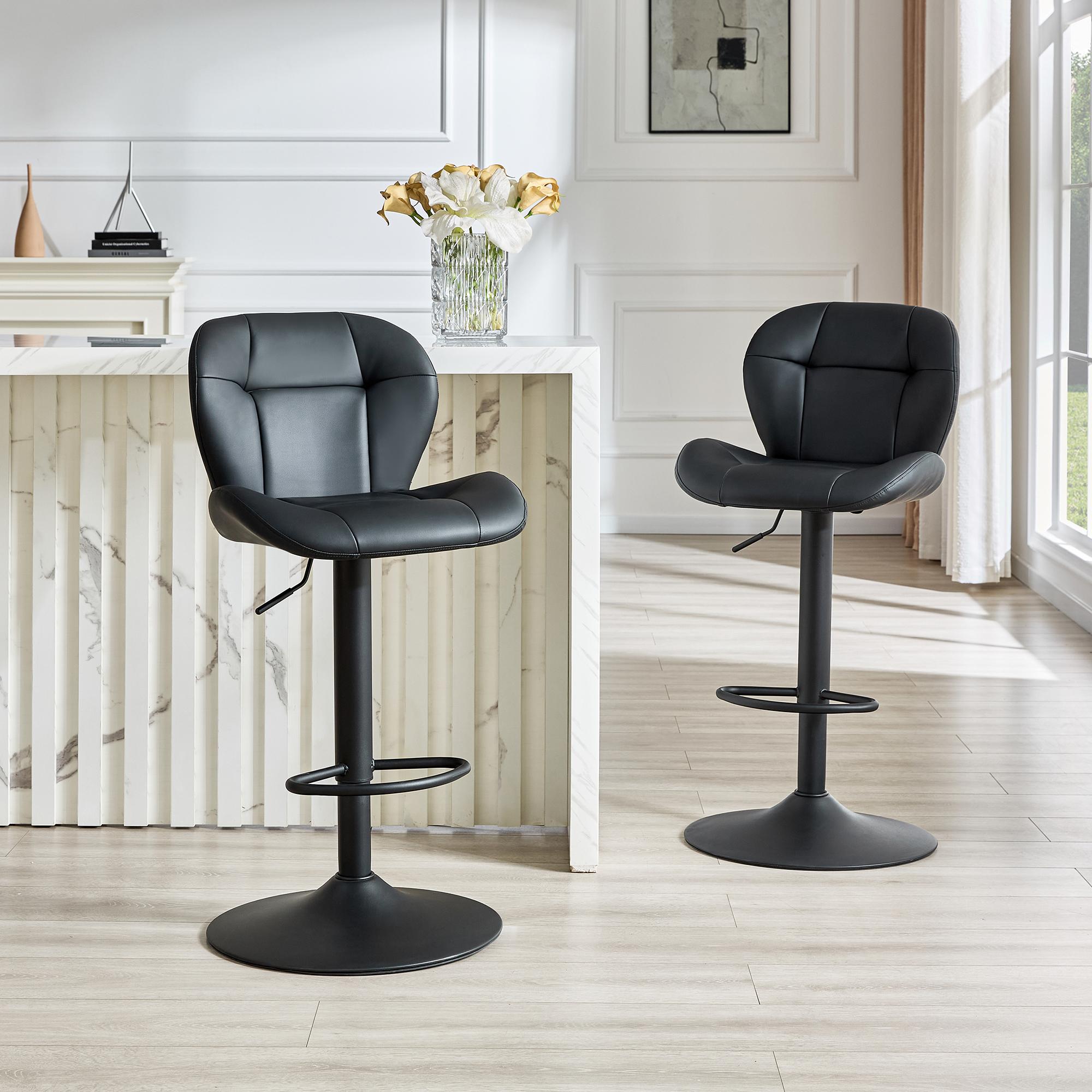 Set of 2 Adjustable Bar Stools, PU Upholstered Tufted Backrest Chairs with Chrome Footrest for Kitchen Island Pub Bar, White