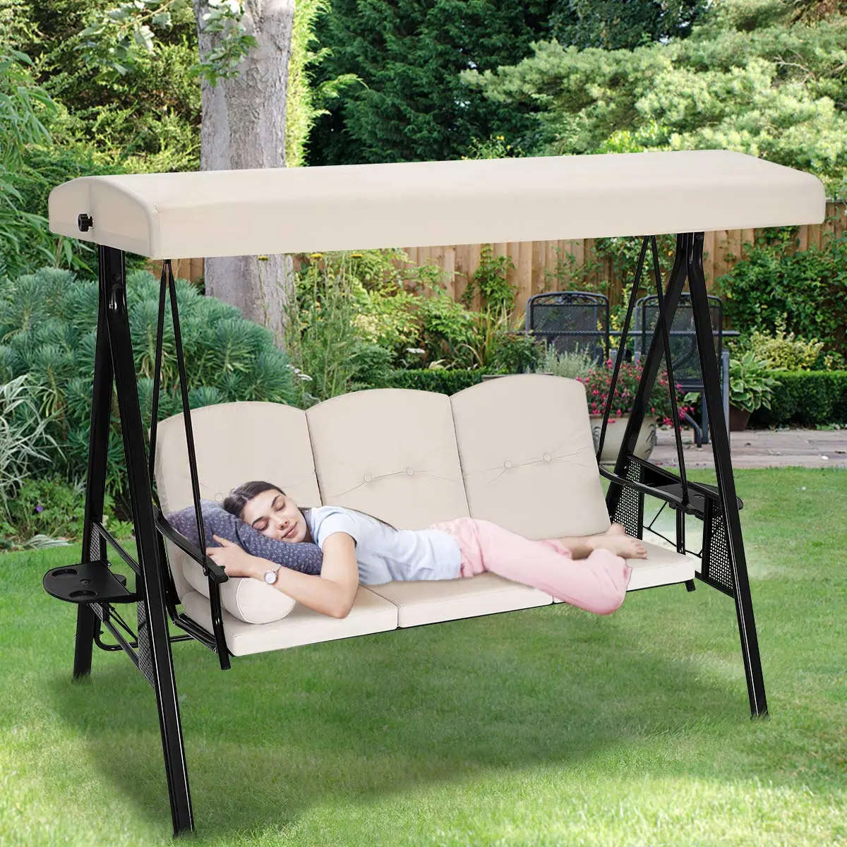【1/2 packages arrived at different times】YODOLLA 3-Seat Outdoor Patio Swing Chair, Swing Glider with Canopy Porch Swing, Weather Resistant Steel Frame Cup Holders Cushions, Adjustable Tilt Canopy