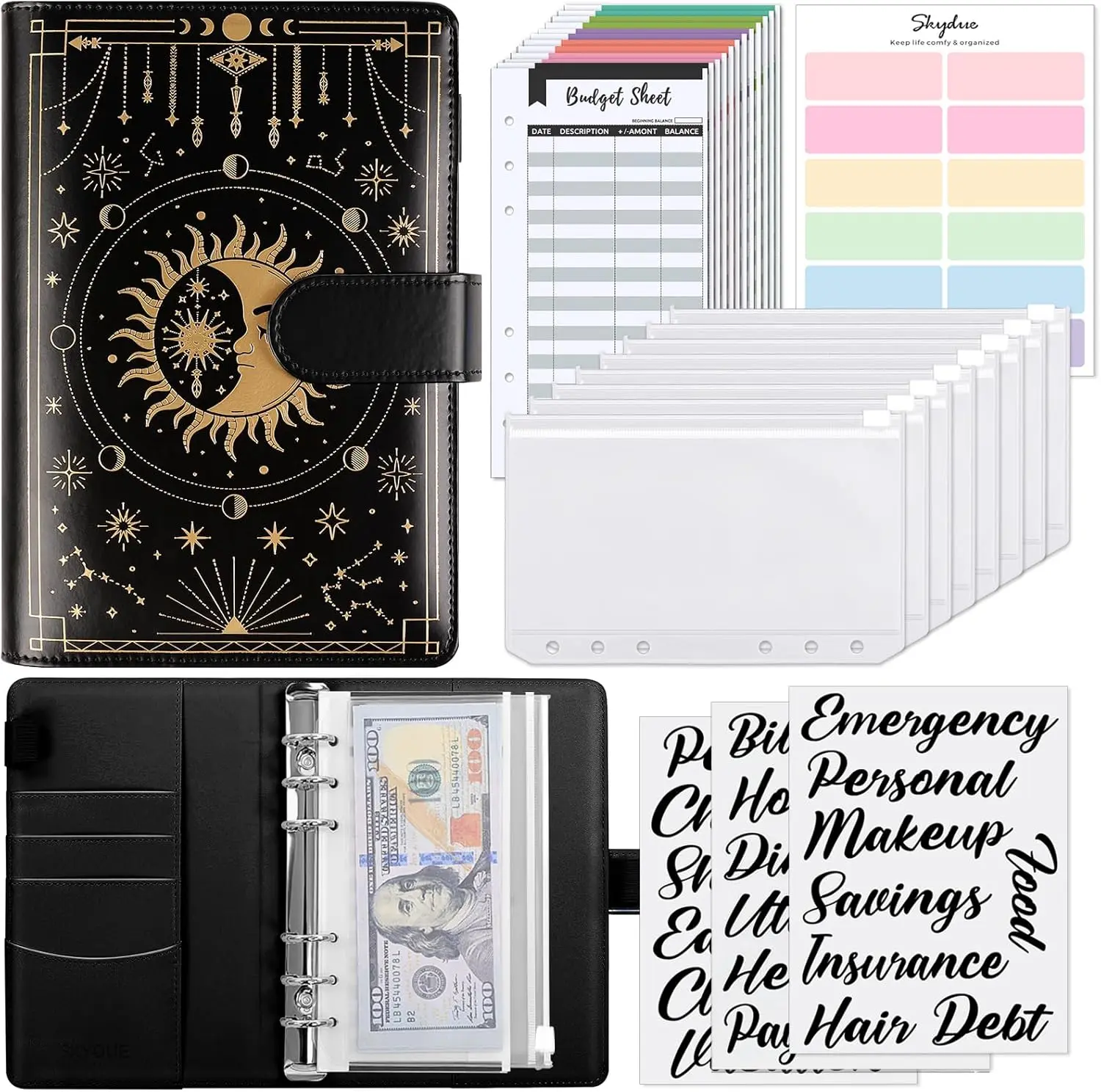 Budget Binder, A6 PU Leather Binder, Money Organizer Cash Envelopes Budget Planner with Zipper Cash Envelopes, 24 Expense Budget Sheets & 6 Stickers for Budgeting, Saving Money