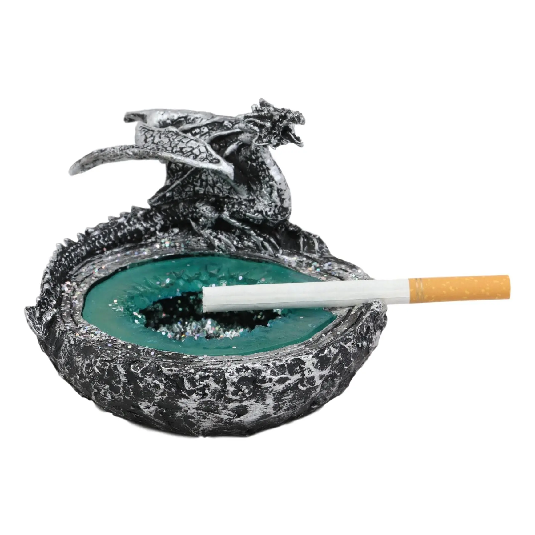 Ebros Handcrafted Semi-Metallic Grey Crouching Dragon Cigarette Ashtray Statue Decor, 3.25in Tall, 4in Wide, 5.375in Long, with Endless Sparkling Crystals & Turquoise Crystal Pool Quarry, Ideal Gift for Home Decor Enthusiasts, Semi Metallic Grey Dragon