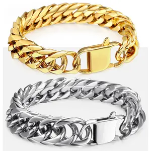 15mm 316L Stainless Steel Curb Cuban Chain Bracelet Silver/Gold Color for Male Female Jewelry
