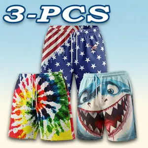 Men’s Printed Shorts 3-Piece Set – Breathable Mesh, Quick Dry, Flag/Shark Tie-Dye, Fitness & Casual Sports