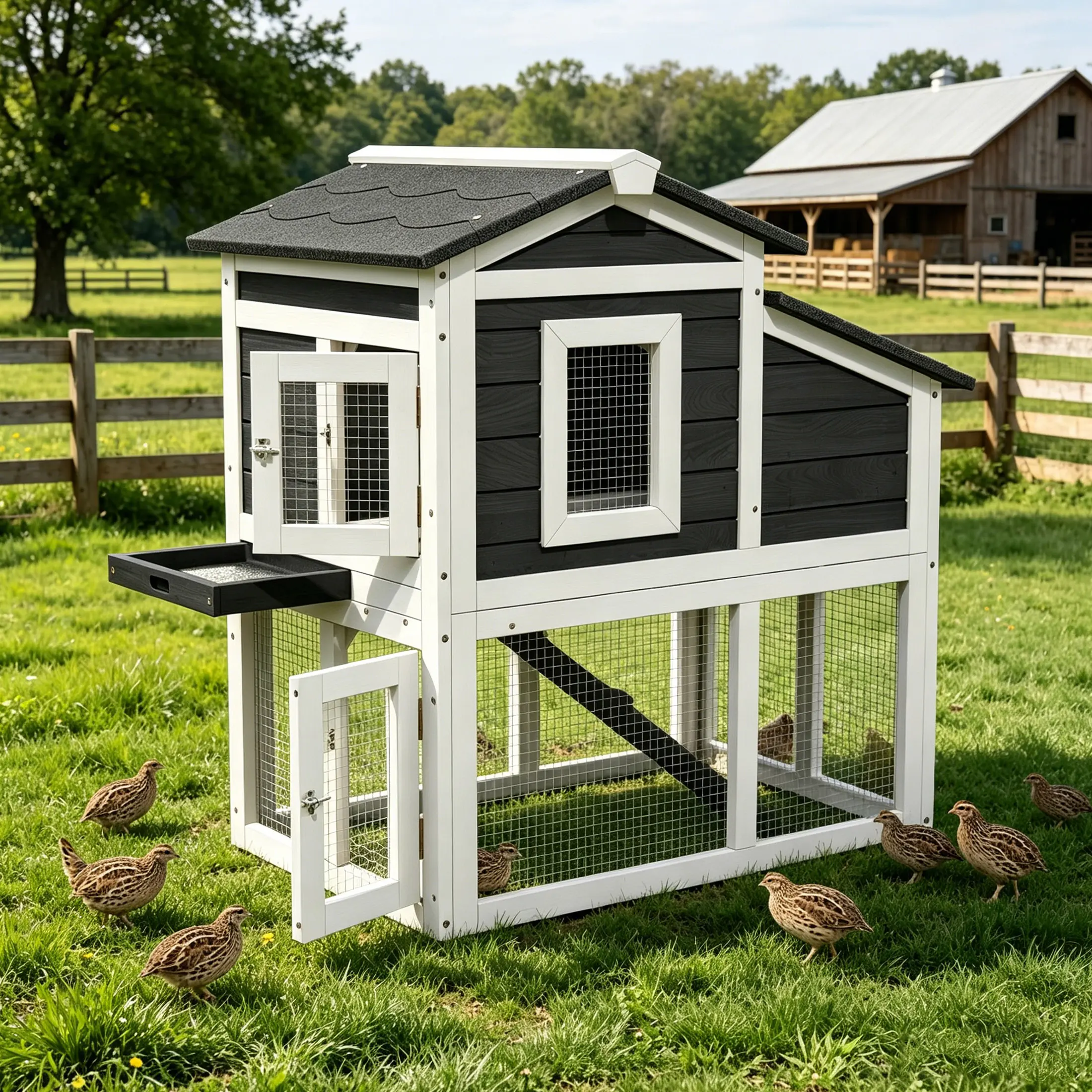 Outdoor Weatherproof 2-Tier Quail Cage with Pull Out Tray & Open Roof, Suitable for 6 Quails, Black & White