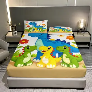 Cartoon 3-Piece Bedding Set (sheet + 2 Pillows), Bed Sheets, Cute Dinosaur Print, Soft Comfortable, All Room Decor, Beautiful Holiday Gift, Bedroom Bedding Set