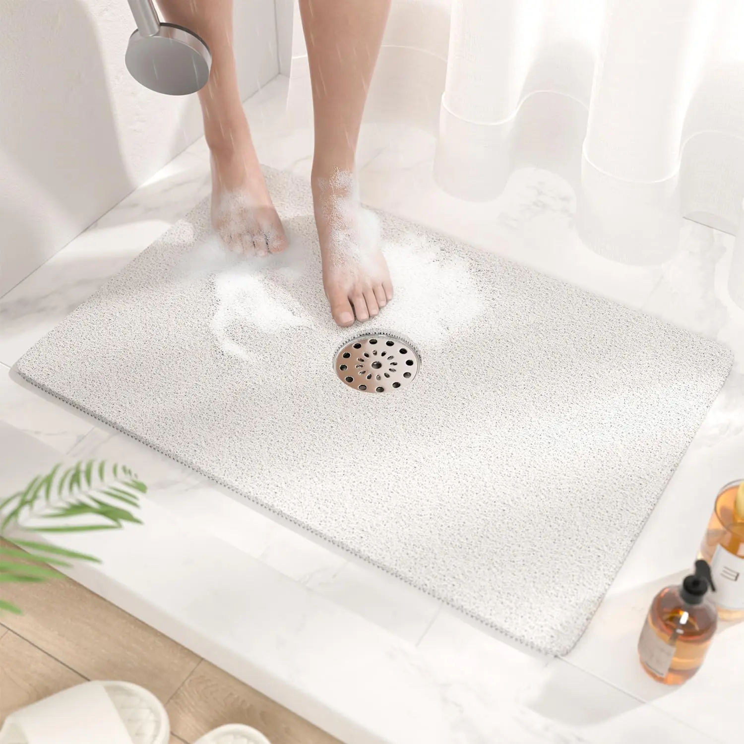 Shower Mat with Center Drain Hole, 24 x 16 Inch Non Slip Bath Mat for Textured Tub, Soft Loofah-Style Bathtub Mat Without Suction Cup, Quick Drying Stall Floor Mat, Bathroom Accessories, White