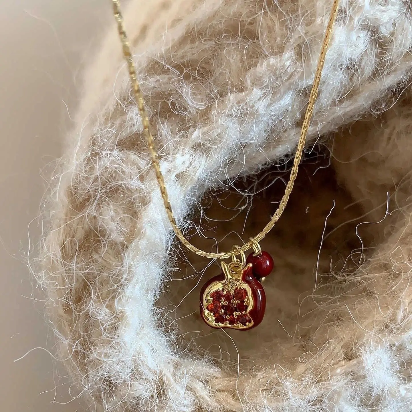 Women's Ethnic Double-Layered Crystal Pomegranate Pendant Red Necklace - Aesthetic Wear Costume Jewelry Accessory, Ideal Gift for Adults