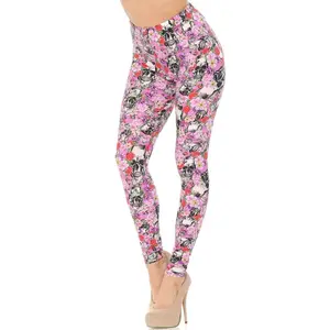 Buttery Smooth Pink Blossom Skulls Plus Size Leggings - 92% Polyester 8% Spandex, Comfort Elastic Waist, Fits Sizes 14-22, All Over Floral Print