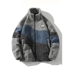 Men's Colorblock Patchwork Pocket Zip Up Fuzzy Jacket, Regular Fit Casual Drop Shoulder Long Sleeve Funnel Neck Coat for Fall & Winter
