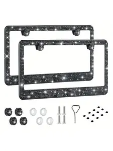 Luxury Rhinestone Car License Plate Frame Set, Handcrafted Stainless Steel, Shiny Car License Plate Protector, 2 Pieces, Car Accessories
