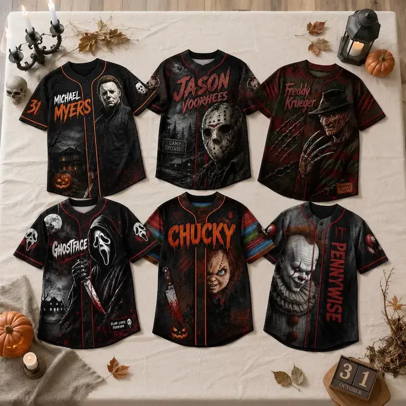 Horror Slasher Baseball Jersey Jersey, Classic Horror Movie Characters Baseball Jersey Shirt, Spooky Squad Halloween Baseball Jersey,Print Baseball Jersey, Halloween Jersey for Men and Women