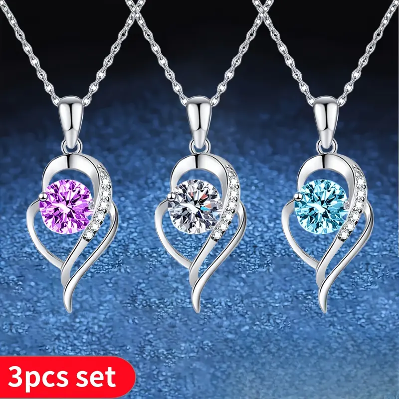 Women's Elegant Luxury 3-Pcs 925 Sterling Silver Moissanite Jewelry Set - Female Cluster Necklace, Earrings & Ring, 1 Carat Each, Casual Daily Wear Accessory, Moissanite Necklaces